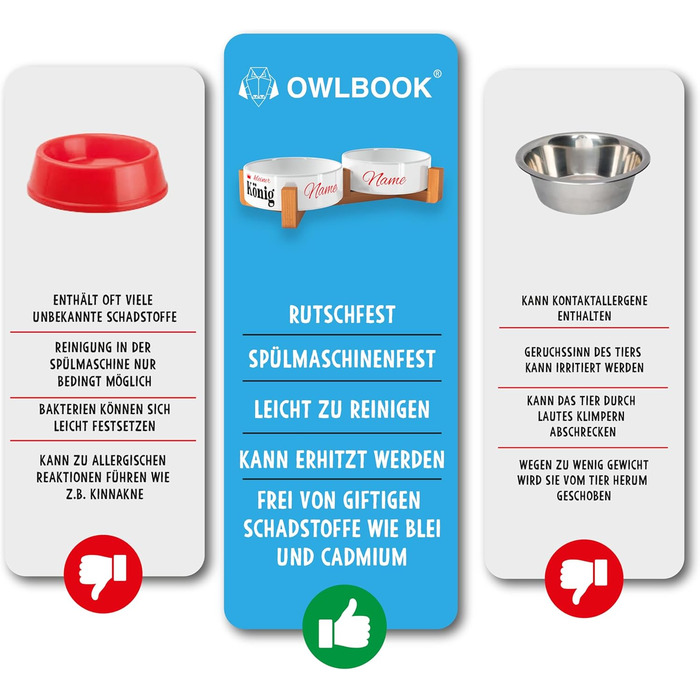 Персоналізована годівниця для собак OWLBOOK з іменем – подвійний миска з кераміки та бамбуковим каркасом, 300 мл