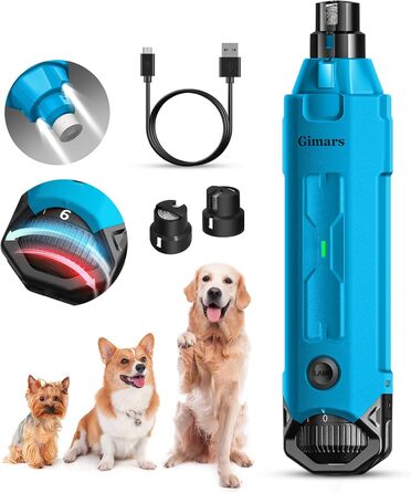 Шліфувальник кігтів для собак Gimars з 6 швидкостями, USB-зарядний, з LED-підсвічуванням, для домашніх тварин (блакитний)