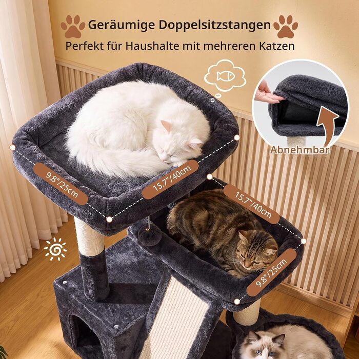 Дряпалка для котів Heybly HCT206SMJ (69 см) з двома лежаками та великою scratching-дошкою, темно-сіра