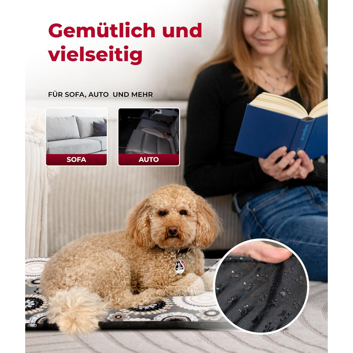 Підстилка для собак HS-Hundebett® XS (45x65 см) – антиковзаюча та зручна, з наповнювачем 3 см – для дивану, авто та переноски – Made in Germany (65 x 95 см, Мандала Антрацит)