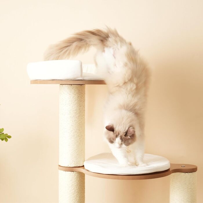 Кігтеточка для котів CareCooo 135 см з товстими стійкими стовпчиками, з будиночком, захистом від перекидання, з сизалю, водонепроникна, для великих котів, коричнево-біла