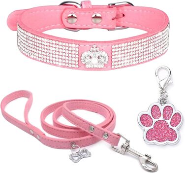 Нашийник для собак HALFSUO з розшитою стразами, м'яка шкіряна обв'язка, поводок Cobo, набір, рожевий (L)