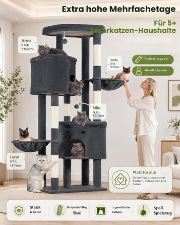 Комплексний котячий будинок Kratzbaum XL 170 см з сірим покриттям: ігровий комплекс для великих котів з дряпаками, будиночком, гамаком та м'ячиками