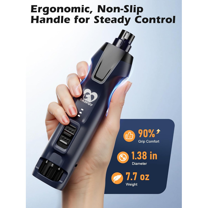 Електричний тример для собак Casfuy - 6 насадок, потужний, тихий, з LED-підсвіткою та збирачем пилу, 4.8V, для великих собак, блакитний