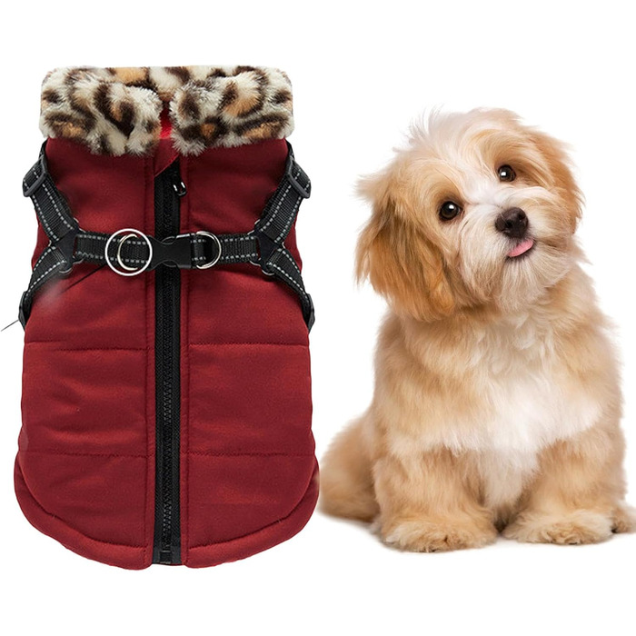 Теплий зимовий одяг для собак: відбиваючий зимовий одяг для цуценят, жилет для собак з вбудованим шлейкою, для маленьких, середніх та великих собак, бургундський колір S