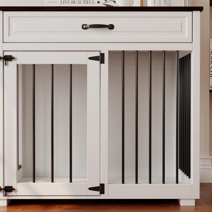 Клітка для собак з 2 ящиками та 2 дверцятами, біла та темно-коричнева, MDF, 160x60x80 см. Підходить для 2 собак