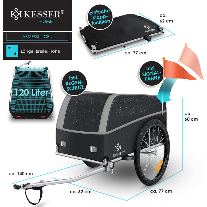 Причіп для велосипеда KESSER® вантажний, 120 літрів, сірий/чорний, з дахом та складною високою тягою