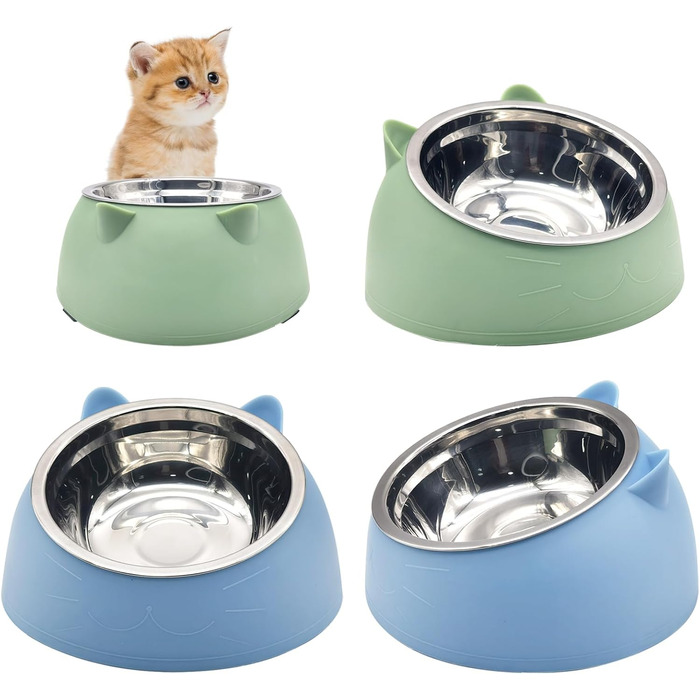 Набори мисок для котів Hamiledyi: 4 шт., нахил 15°, нержавіюча сталь, анти-блювотна, без витоку, для кошенят, дорослих котів та кроликів (чорний + білий, чорний/білий (синій/зелений), 200 мл)