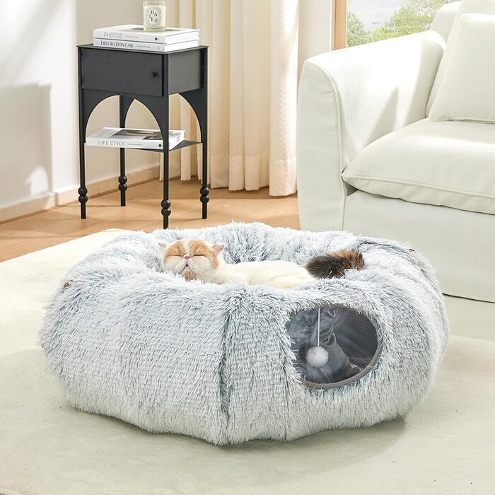 Туннель-іграшка для котів Jiupety з місцем для сну, великий, сірий, з підвісними кульками