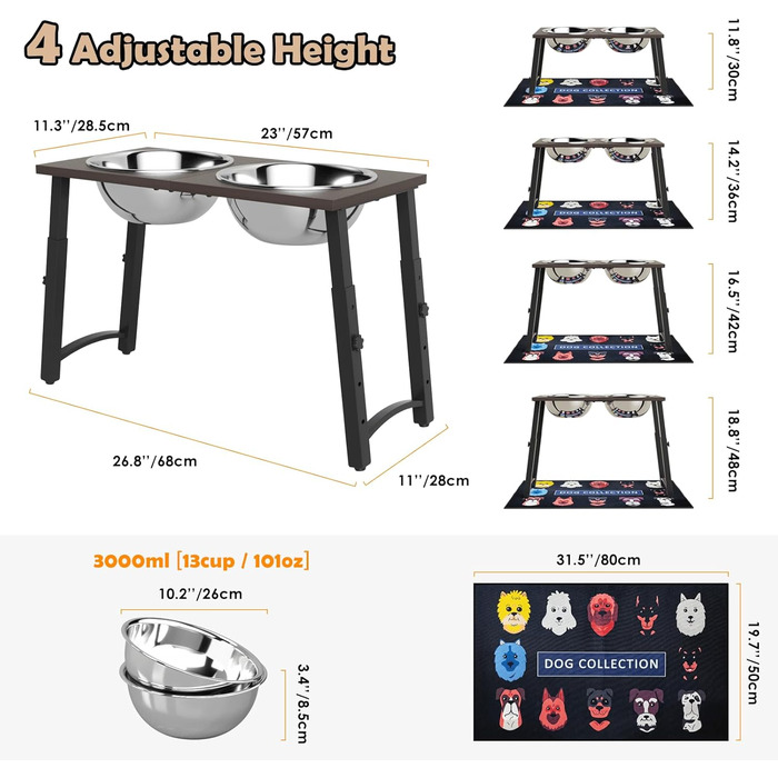 Підвищені годівниці для собак великих та екстра-великих порід, з нековзною підстилкою, об'єм 3000 мл (2 шт.), стабільна годівниця висотою 46 см, коричневого кольору.