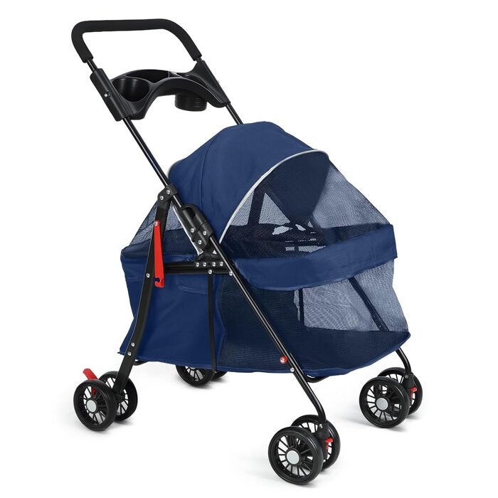 Дитяча коляска для собак та котів з підсклянником, складана коляска для собак, цуценят та середніх собак, переноска для маленьких тварин, дихаюча сітка, блакитна