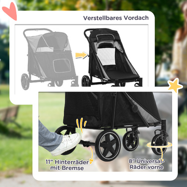 Візок для собак (buggy) до 30 кг, складаний, з регульованим навісом та кошиком для речей, 112 x 65 x 100 см, сірий