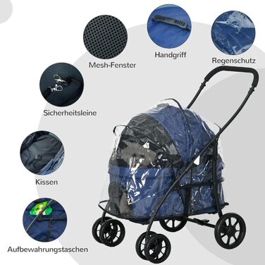 PawHut 2-в-1 візок для собак та котів з дощемником, складна конструкція, з 2 страхувальними ремінцями, для маленьких собак та котів, Оксфорд, темно-синій