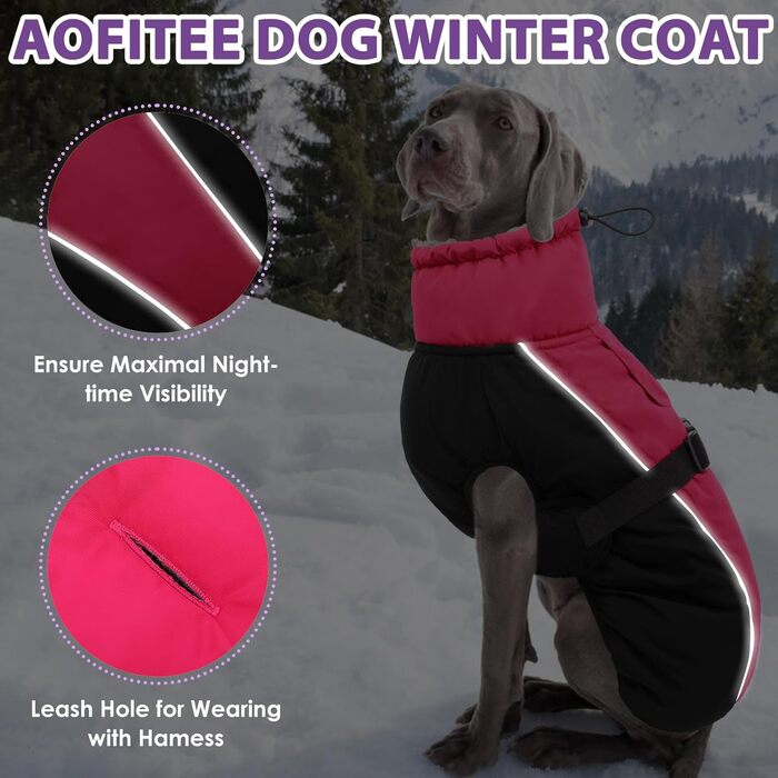 Теплий зимовий одяг для собак AOFITEE з отвором для повідка, водонепроникна куртка для собак, підходить для маленьких, середніх та великих собак, рожево-червоний