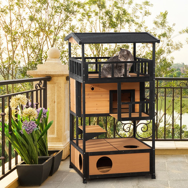 PawHut Cat House Ялина Wood Cat House 4 поверхи зі сходами, зимостійкий асфальтовий дах, жовтий, 75,5x75x137см, ідеально підходить для вулиці та патіо