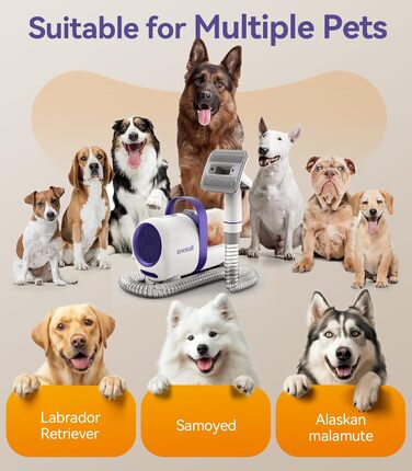 Пилголом для собак Oneisall з щіткою, потужність 12000Pa, видалення шерсті тварин, 4 насадки, об'єм 1.5л, фіолетовий