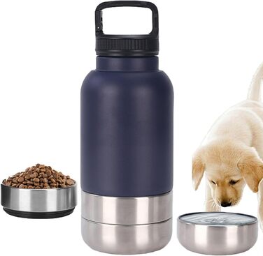 Портативна пляшка для собак з мисками для їжі та води, 3-в-1. Ізольована пляшка з нержавіючої сталі для подорожей, прогулянок, походів (глибока). Темно-синій колір.