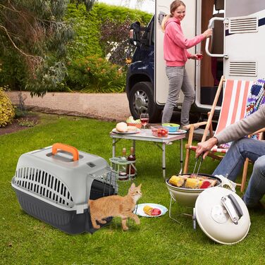 Транспортна переноска для собак та котів Aufun, 48x32x32 см, пластик з металевим ґратом, сіра+чорна