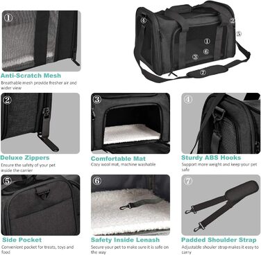 Транспортна сумка для кота/собаки PETCUTE, чорна, L, з підкладкою та плечовим ременем