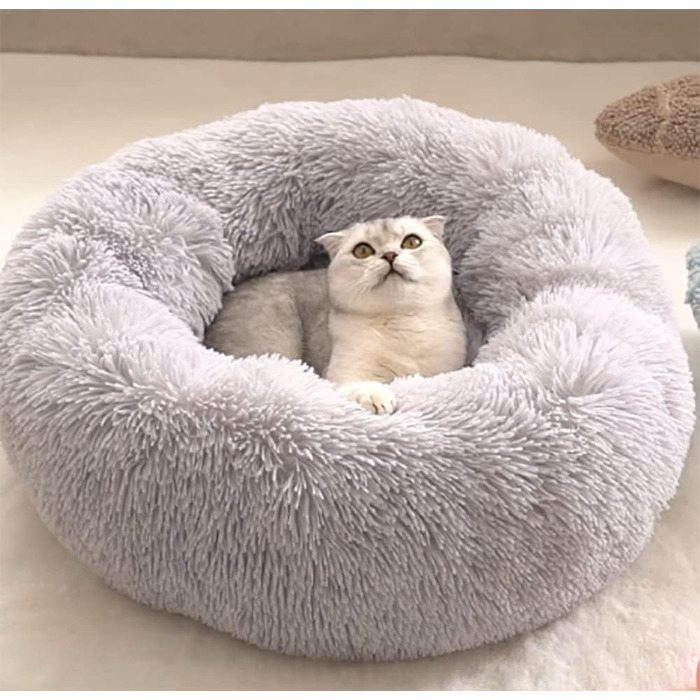 М'яке ліжко для собак та котів, кругла, з водонепроникним дном, 35 см (37x37x13 см), світло-сіра