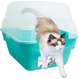 Туалет для котів 3в1 з кришкою, велика закрита котяча туалетна коробка XXL, Jumbo з високими бортами, бірюзовий 55x45x44 см