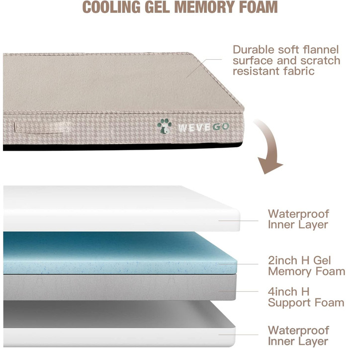 Крісло-ліжко для собак великих порід, бежеве: м'який матеріал, знімний та водонепроникний чохол, двошаровий наповнювач (Gel Memory Foam + губка), антиковзаюча підставка, розмір Jumbo (47x29x3.54 см)