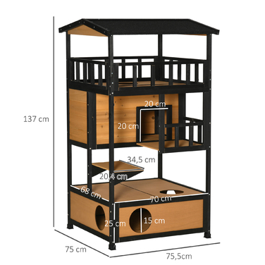 PawHut Cat House Ялина Wood Cat House 4 поверхи зі сходами, зимостійкий асфальтовий дах, жовтий, 75,5x75x137см, ідеально підходить для вулиці та патіо