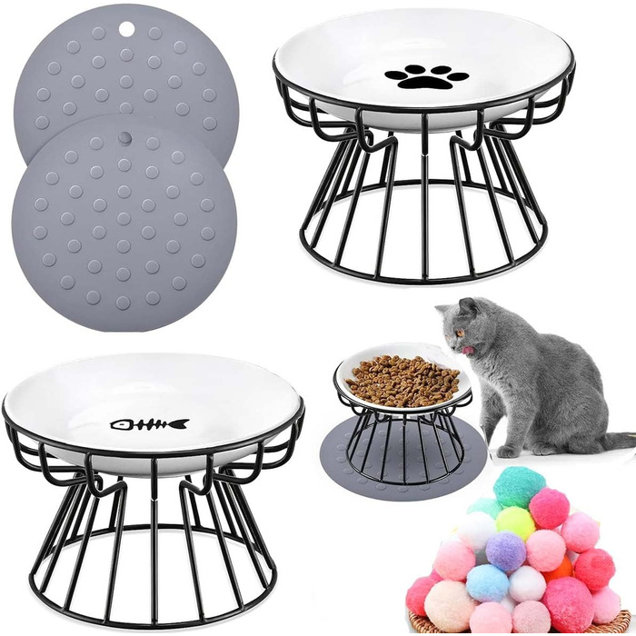 Набір мисок для котів, 2 шт., чорні, підняті, запобігають болю в шиї, широкі, антиблювотні, з антиковзним килимком