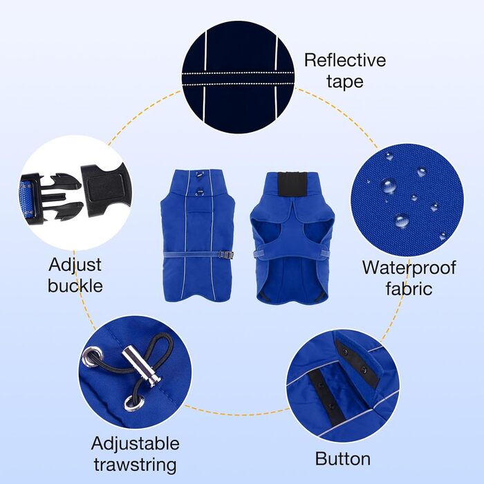 Водонепроникний зимовий теплий одяг для собак, куртка з високим коміром та флісовою підкладкою, регульована посадка, для середніх та великих порід, синій