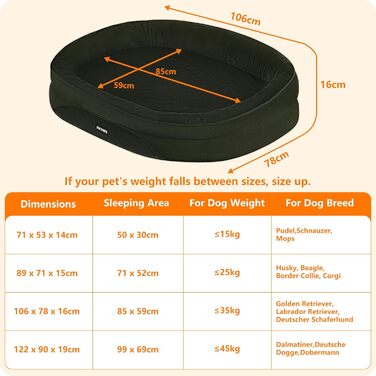 Ортопедичне ліжко для собак, ліжко-софа для собак з валиком, неслизьке дно, знімне та пральне, середні та великі породи, 106 x 79 x 17 см, оливковий колір