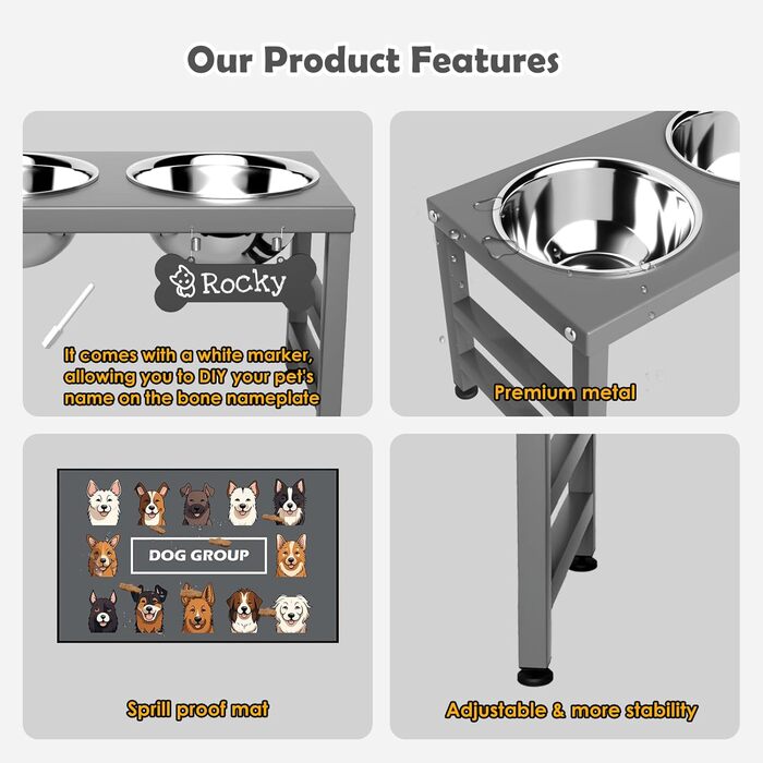 Підвищена годівниця для собак великих та екстра-великих порід, з підставкою та двома мисками з нержавіючої сталі (2,863 г), з нековзною основою, висота 43 см, висота мисок 25 см, сіра, L