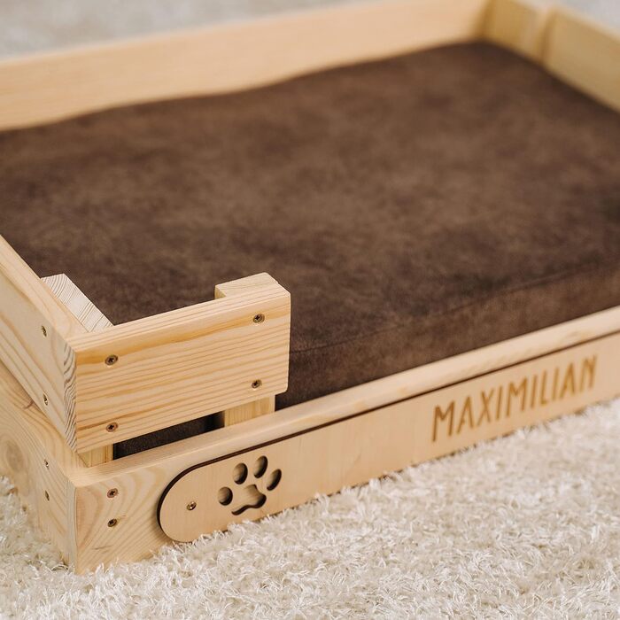 Персоналізоване ліжко для котів LAUBLUST з іменем - гравіювання лапок та імені - котяче ліжко/софа для великих та маленьких котів | Ліжко-лежанка з дерева з подушкою | приблизно 60x40x15см, коричневе з коричневою подушкою