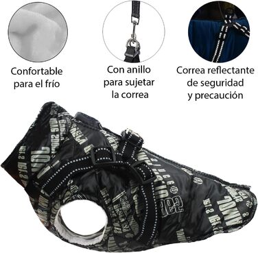 Зимова жилетка для собак, теплий нашийник, водонепроникний одяг для тварин з кільцем, регульована блискавка, світловідбиваючі елементи (M, Чорний)