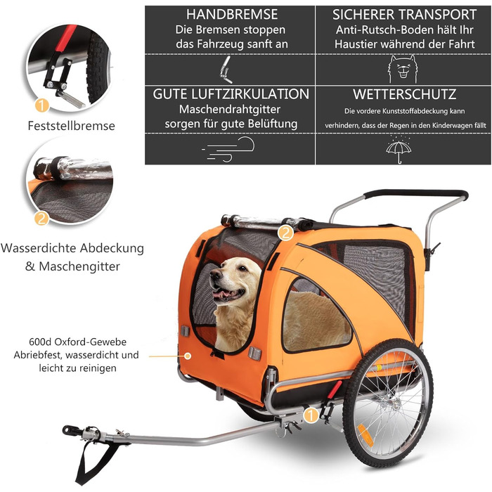 Трансформер для собак XL: велосипедний/біговий, 2-в-1, з гальмом та світловідбивачами, 600D Oxford, до 40 кг (Помаранчевий)