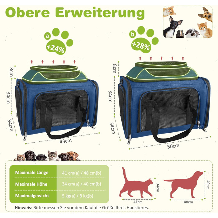 Транспортна сумка для кота/собаки TOFFCAEA, переноска для тварин, складана, 6 кг, для середніх собак та котів (Блакитний, 43 x 28 x 28 см)