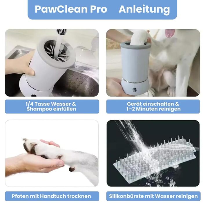 Pawclean Pro: Автоматичний очищувач лап для собак та котів. 360° силіконова щітка, USB-зарядка, м'яке очищення без стресу. Знімне та швидке очищення
