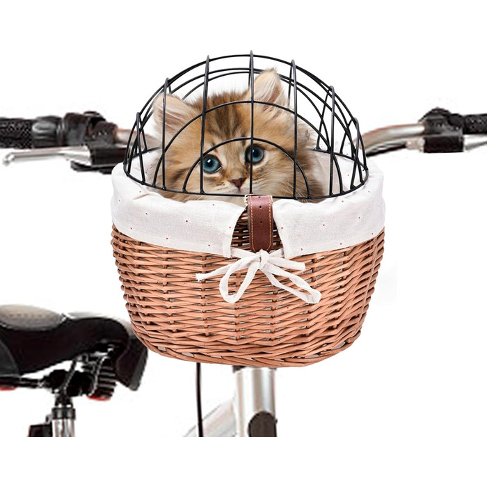 Фahrradkorb für Katzen – Fahrradkorb für Haustiere | Abnehmbarer Fahrradkorb vorne des | Fahrradträger aus Weide für Haustiere mit Metallabdeckung | Transpo-Korb