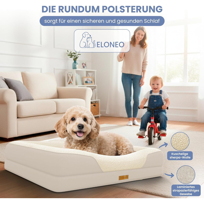 Ортопедичне ліжко для собак ELONEO - великі породи, 122x89x20 см. Корзина для собак з Memory Foam, водовідштовхуючий та пральний килимок, подушка для собак, матрац з м'якою оббивкою (76x51x17 см, кремовий)
