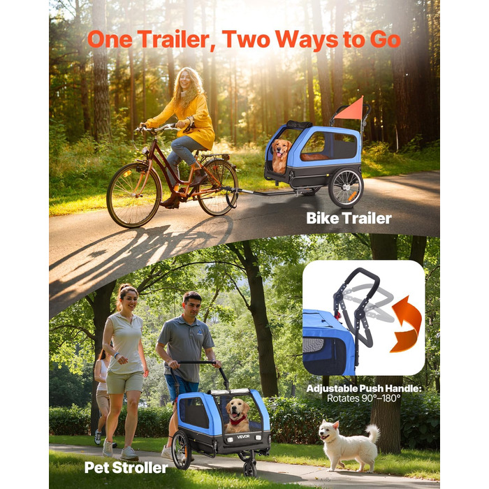 Причіп для собак VEVOR до 40 кг, 2-в-1, для маленьких та великих собак, з розкладним каркасом, універсальний з'єднувач, з прапорцем, внутрішній поводок, 1380x755x800 мм
