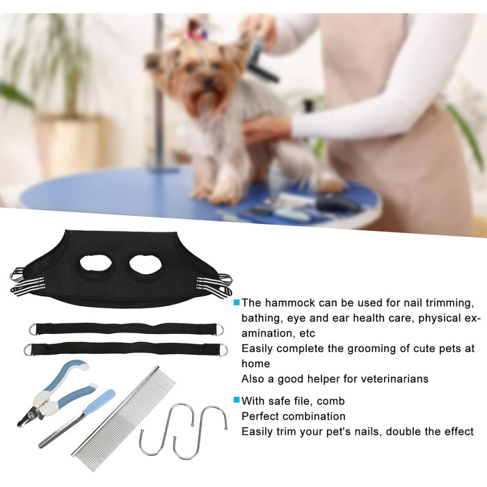 Гамак для грумінгу собак EVTSCAN, чорний, S. З набором для догляду за тваринами: щітка для вичісування та ножиці для стрижки нігтів
