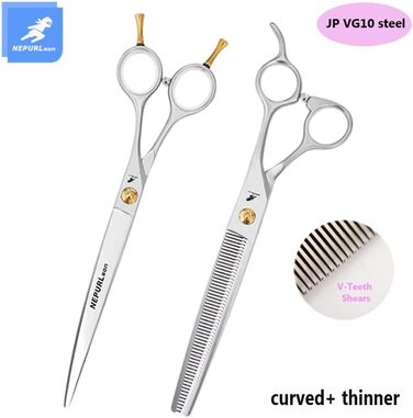Професійний набір ножиць для грумінгу домашніх тварин 19,1 см, для собак, прямі та зігнуті ножиці, фінішна ножиця VG10 сталь (зігнута та тонка)