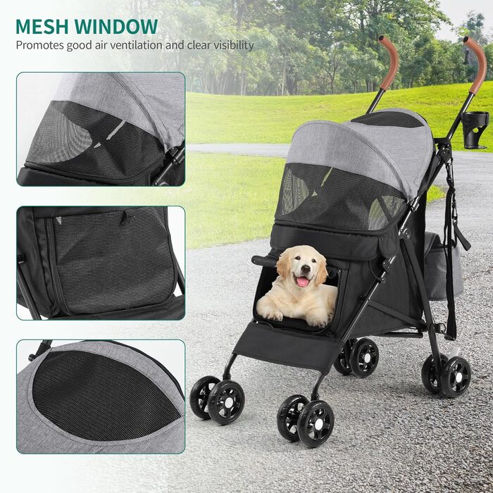 Візок для собак YITAHOME - переноска для тварин до 11,3 кг, з сіткою, тримачем для напоїв, кошиком та переноскою (сірий/чорний)