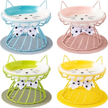 Керамічні годівниці для котів набором 4 шт., підняті миски з підставкою, годівниця для домашніх котів, зменшує напругу в шиї, зручні для вусів, для кошенят, котів, цуценят, миється в посудомийній машині, 4 кольори миска+підставка