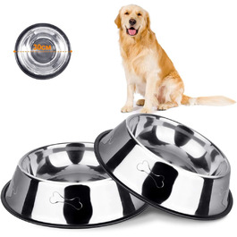 Миски для собак з нержавіючої сталі, 2 шт. - неслизька основа, для корму та води, середніх та великих собак, срібні