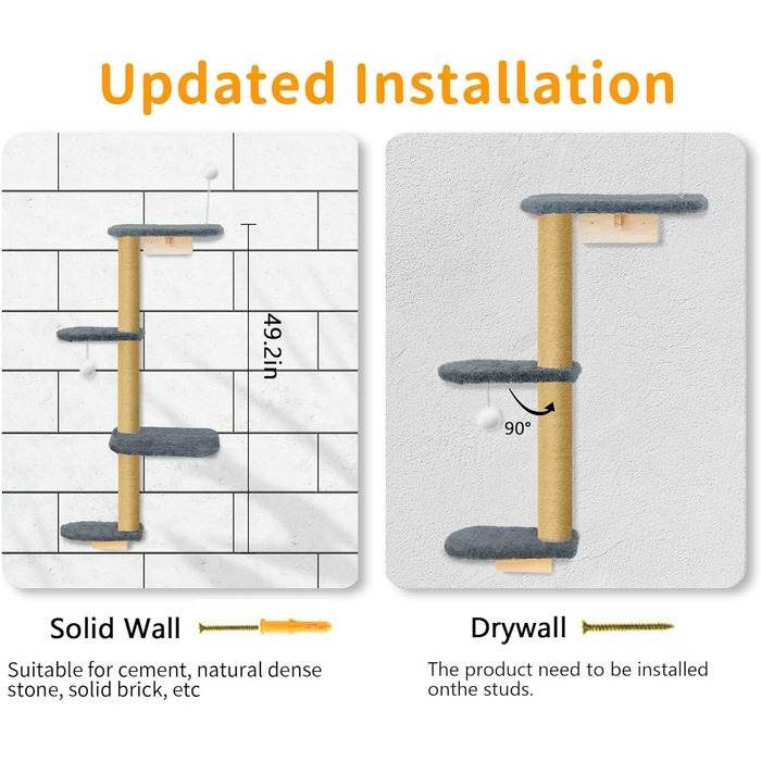 Кліматична стіна для котів Kratzbaum 125см: 4 яруси, натуральне дерево, міцний фетр, сірий колір