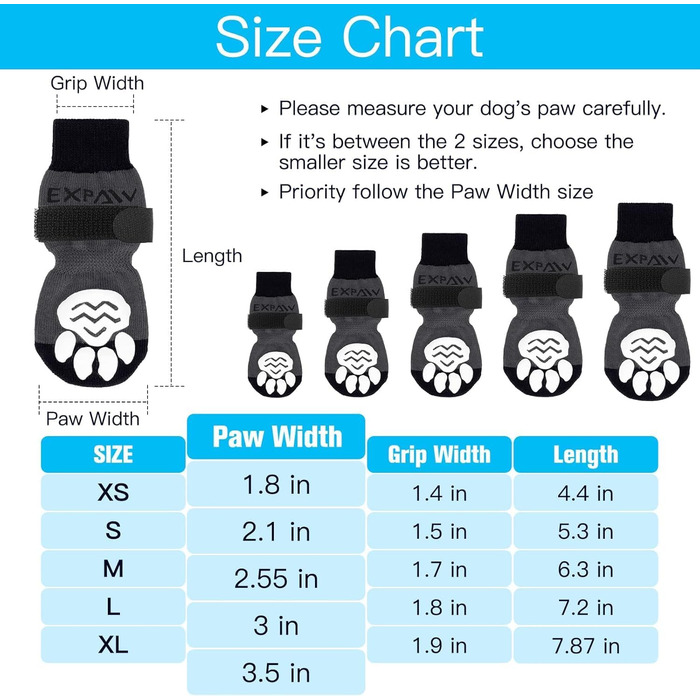 Шкарпетки для собак EXPAWLORER проти слизьких лап, захист подушечок, для гарячих доріг, для цуценят, малих, середніх, великих собак, 6 шт. (X-small, чорний)