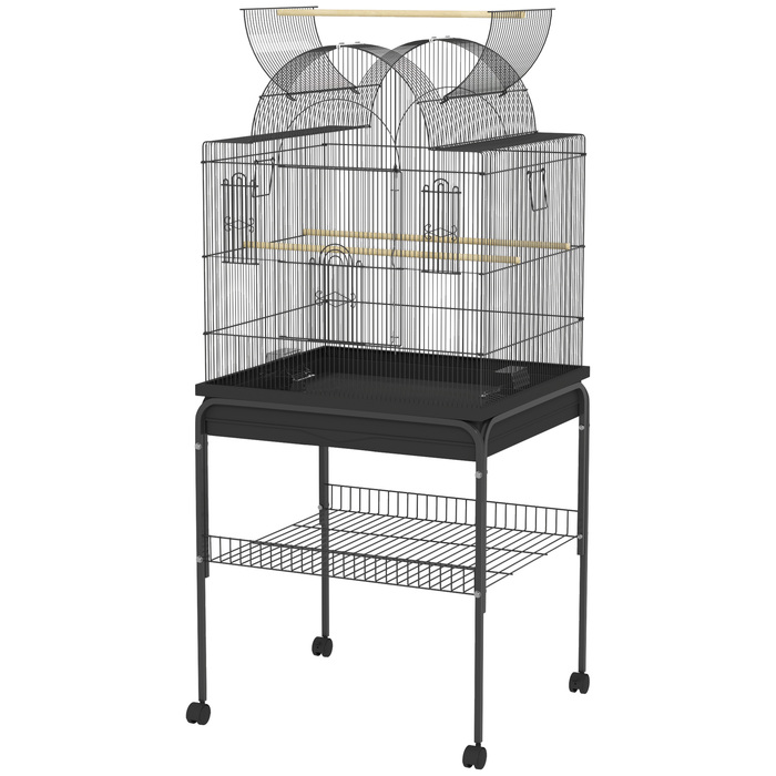 PawHut Birdcage Велика клітка для папуги з піддоном, лоток, станція для годування, шпаківня з коліщатками для канарок, сталь 63 x 53 x 144 см Чорний | Аосом