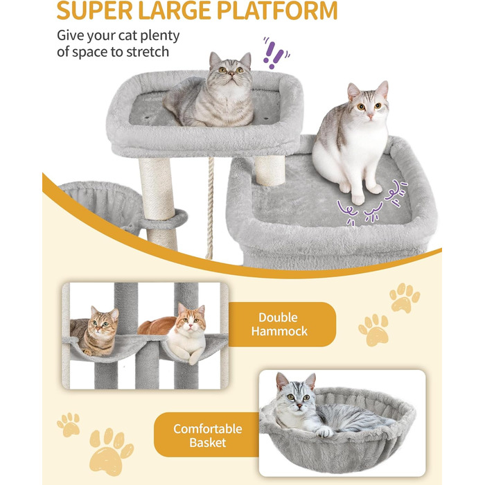 Котячий будиночок Hzuaneri XXL з 10 стовпчиками для дряпання, 2 печерами, 2 гамаками, великою платформою, щітками для котів, кошиком. Підходить для Maine Coon, великих котів, сірий колір MS20018LG