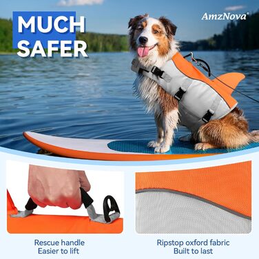 AMZNOVA Жилет для плавання собак Shark, жилет з ластами та плавником акули, рятувальний жилет для собак, для катання на човні, допомога у плаванні, легкий, L, (XL: 79-97 см (обхват грудей), яскраво-помаранчевий)