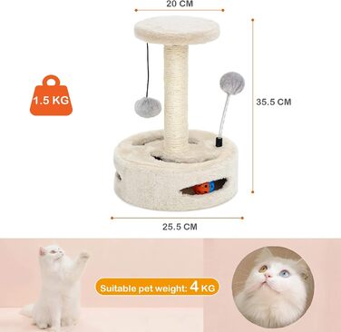 ALLSOPETS Котячий комплекс-башта з сизалем, крутящийся тунель, підвісна іграшка, для маленьких котів, білий